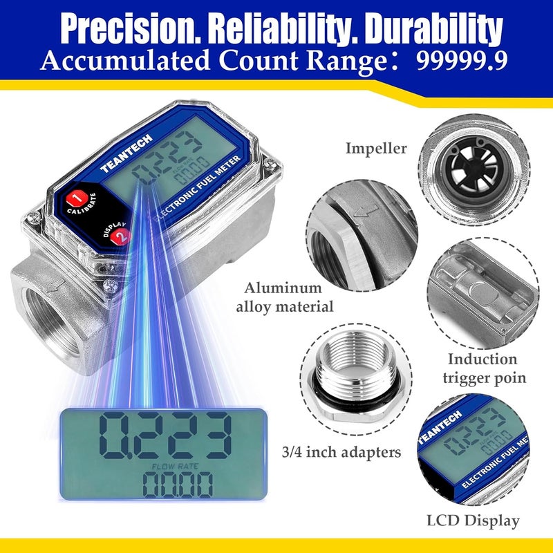 TEANTECH Turbine Flow Meter 3/4" inch Digital LCD Display with NPT Counter Oil Flowmeter Kerosene Diesel Fuel Flow for Measure Diesel Kerosene Gasoline - Image 5